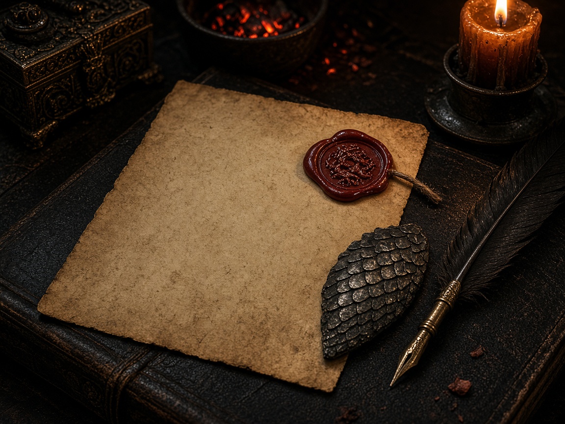 Sealed parchment assignment beside a dragon scale