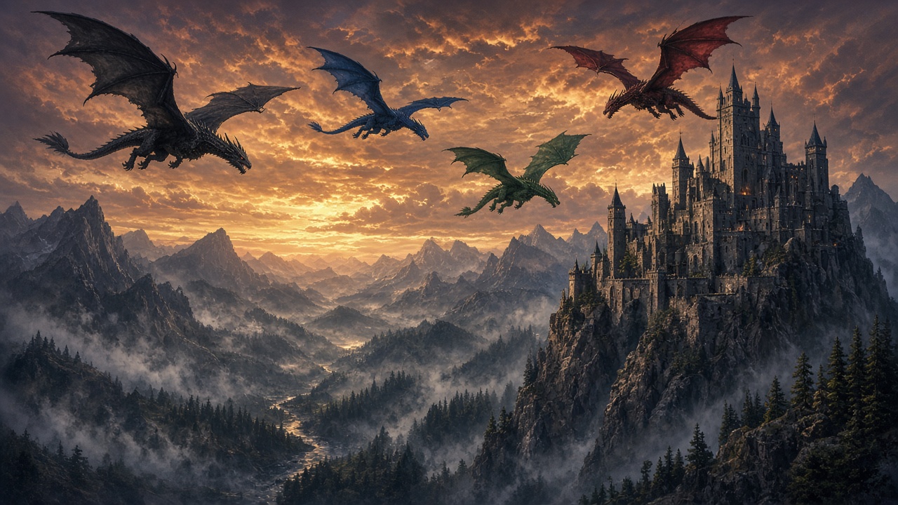 Dragons circling a misty mountain vale at first light